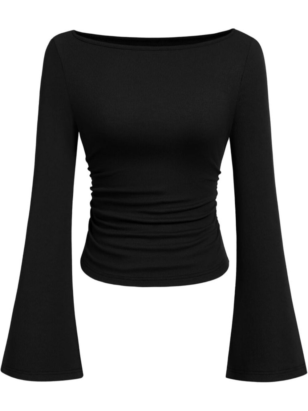 Women's Black Boat Neck Long Sleeve Cropped Ruched Slim Fit Ribbed Knit Top